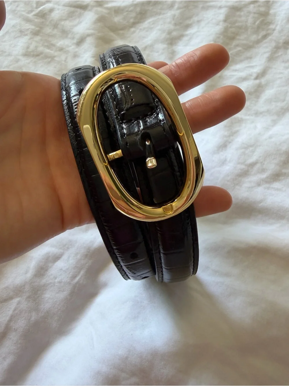 Anine Bing Mara Belt Black Croc-Embossed Leather Belt with Gold Oval Buckle